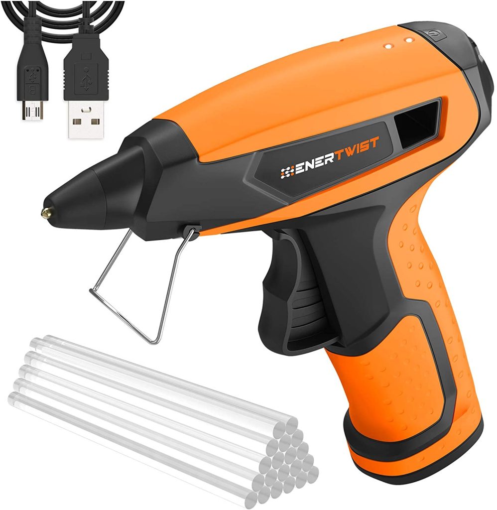Enertwist 4V Cordless Hot Glue Gun with charging cable and glue sticks