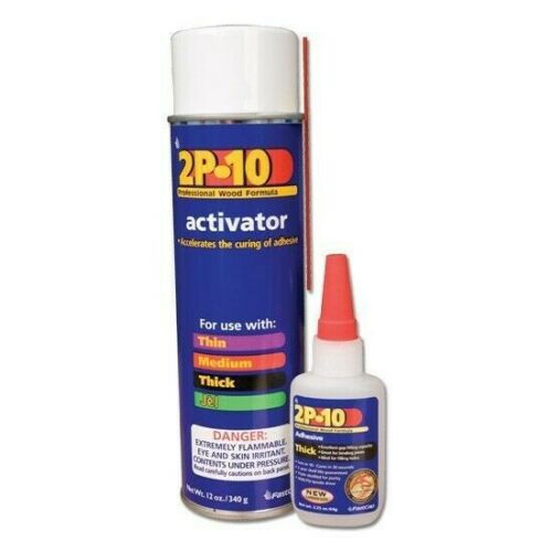 Fastcap 2P – 10 Wood Glue with spray activator and adhesive bottle with a nozzle