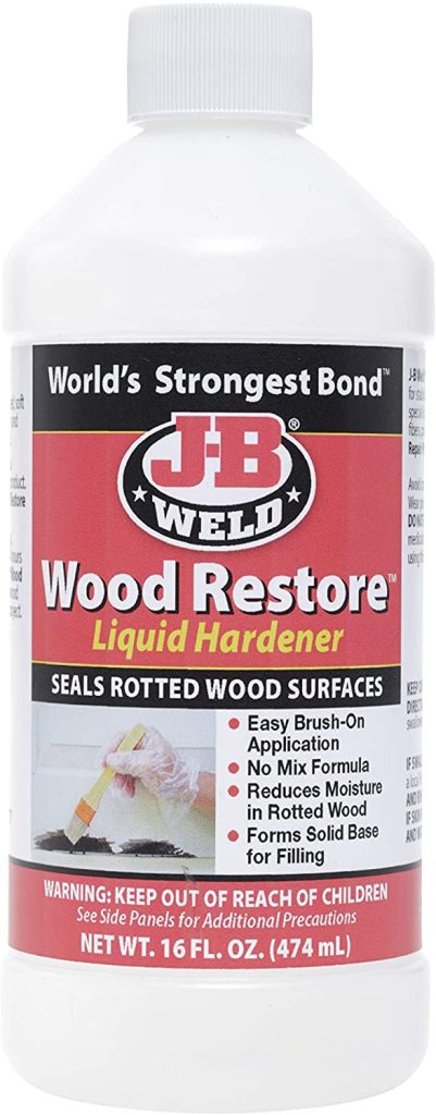 J-B Weld Glue Wood Restore with its benefits written on it
