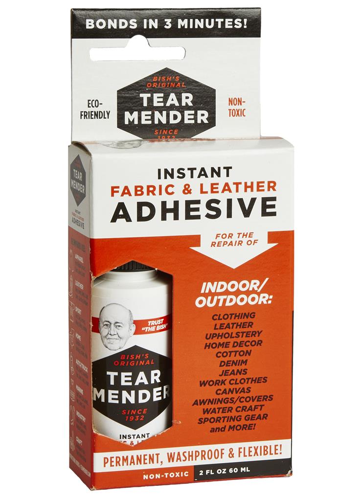 Tear Mender Instant Fabric and Leather Adhesive is best fabric glue for patches with its packaging and uses written on it