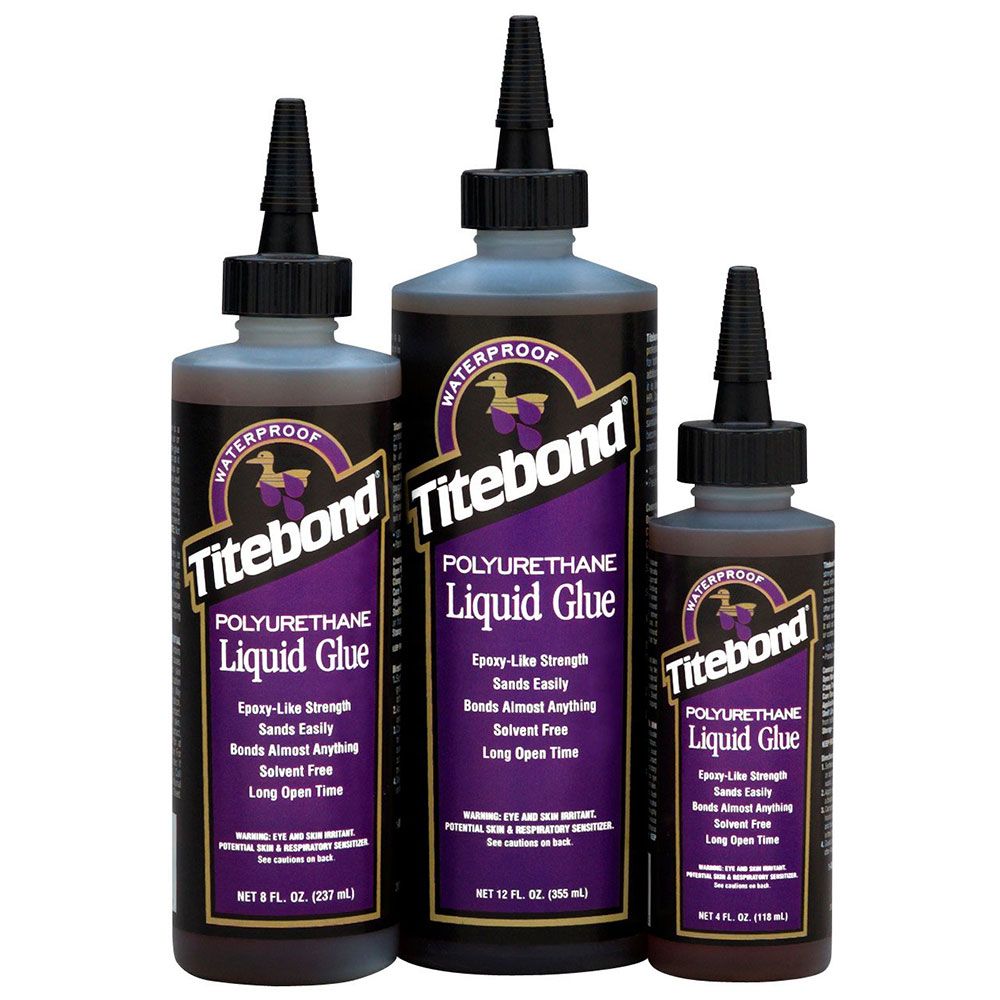 Titebond Polyurethane Glue with  different sizes and nozzle with cap on it