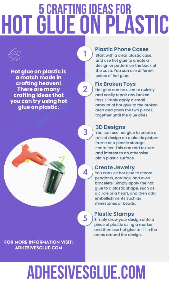An infographic explaining different crafting ideas for using hot glue on plastic