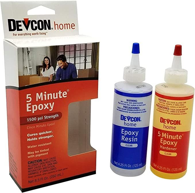 2 Devcon 5-Min Epoxy bottles in blue and red packaging