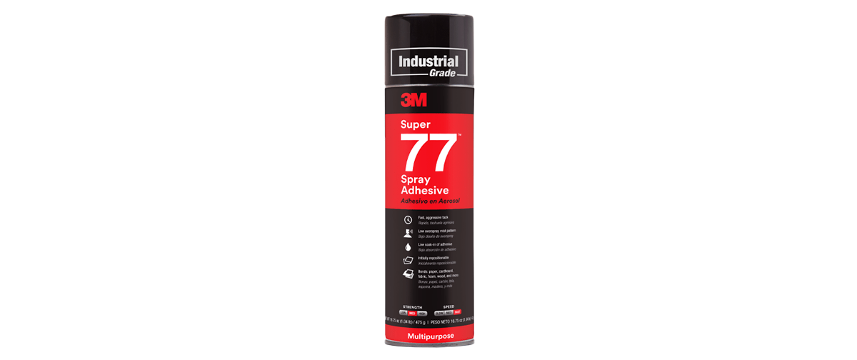 A spray bottle of 3M Super 77 Multipurpose Spray Adhesive in maroon and black color