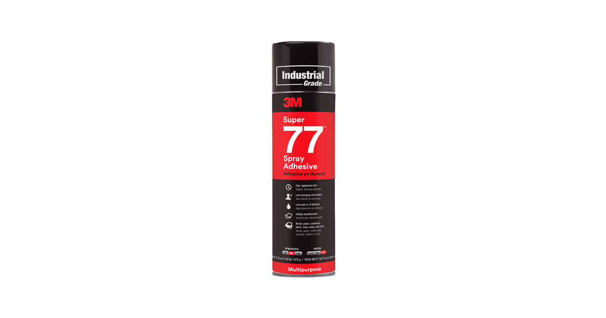 A spray bottle of 3M Super 77 Multipurpose Spray Adhesive in maroon and black color