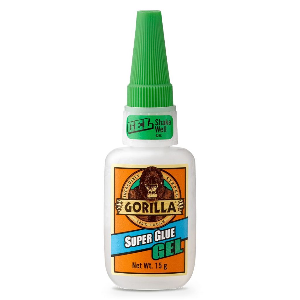 A bottle of Gorilla Super Glue Gel in orange, green and white bottle.