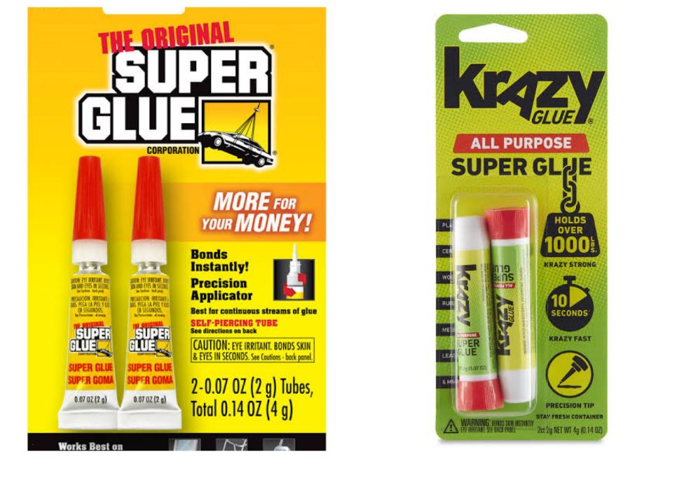 A collage of super glue in yellow packaging and krazy glue in green packaging