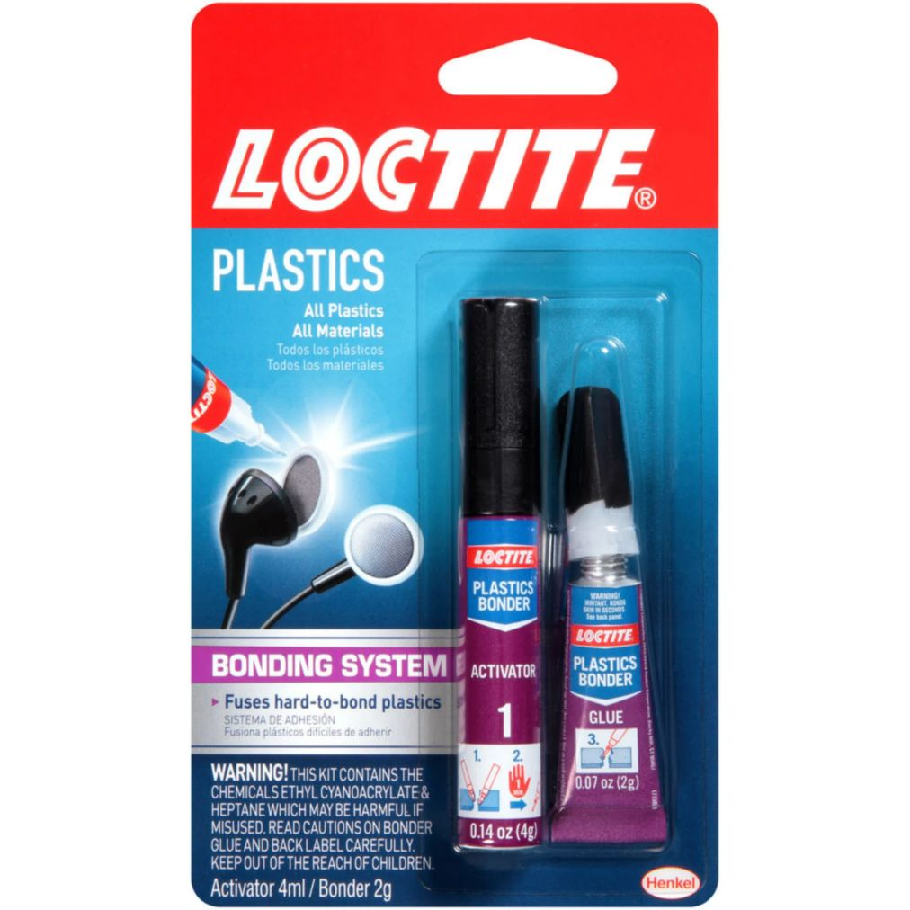 A packaging of Loctite Plastic Bonding in red and blue color with 2 tubes 